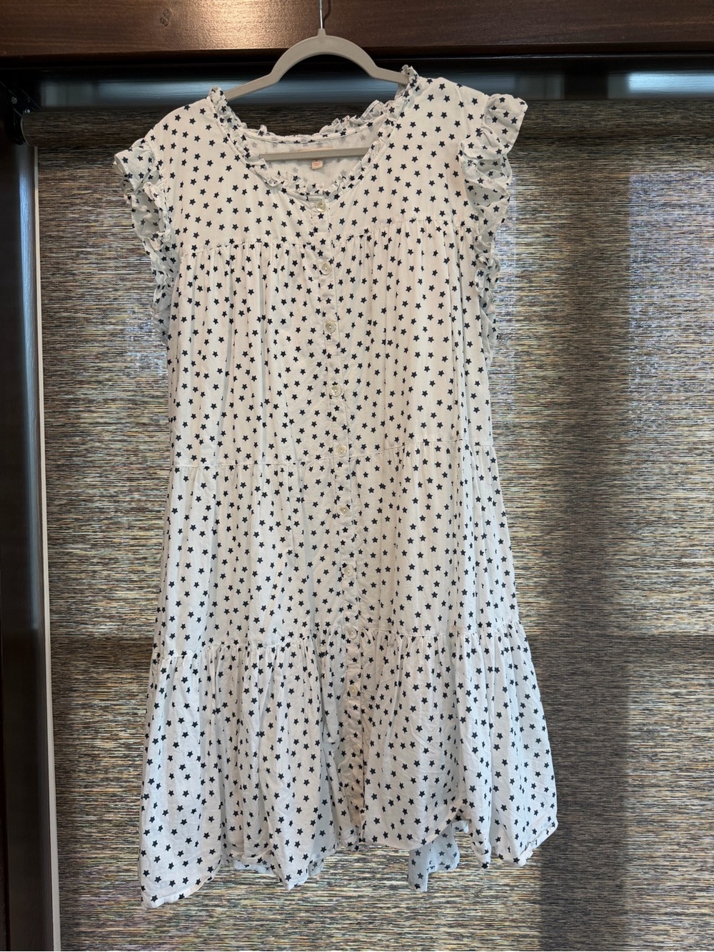 Pink Chicken White Flowing Midi Dress with Blue Star Print Women’s XLarge